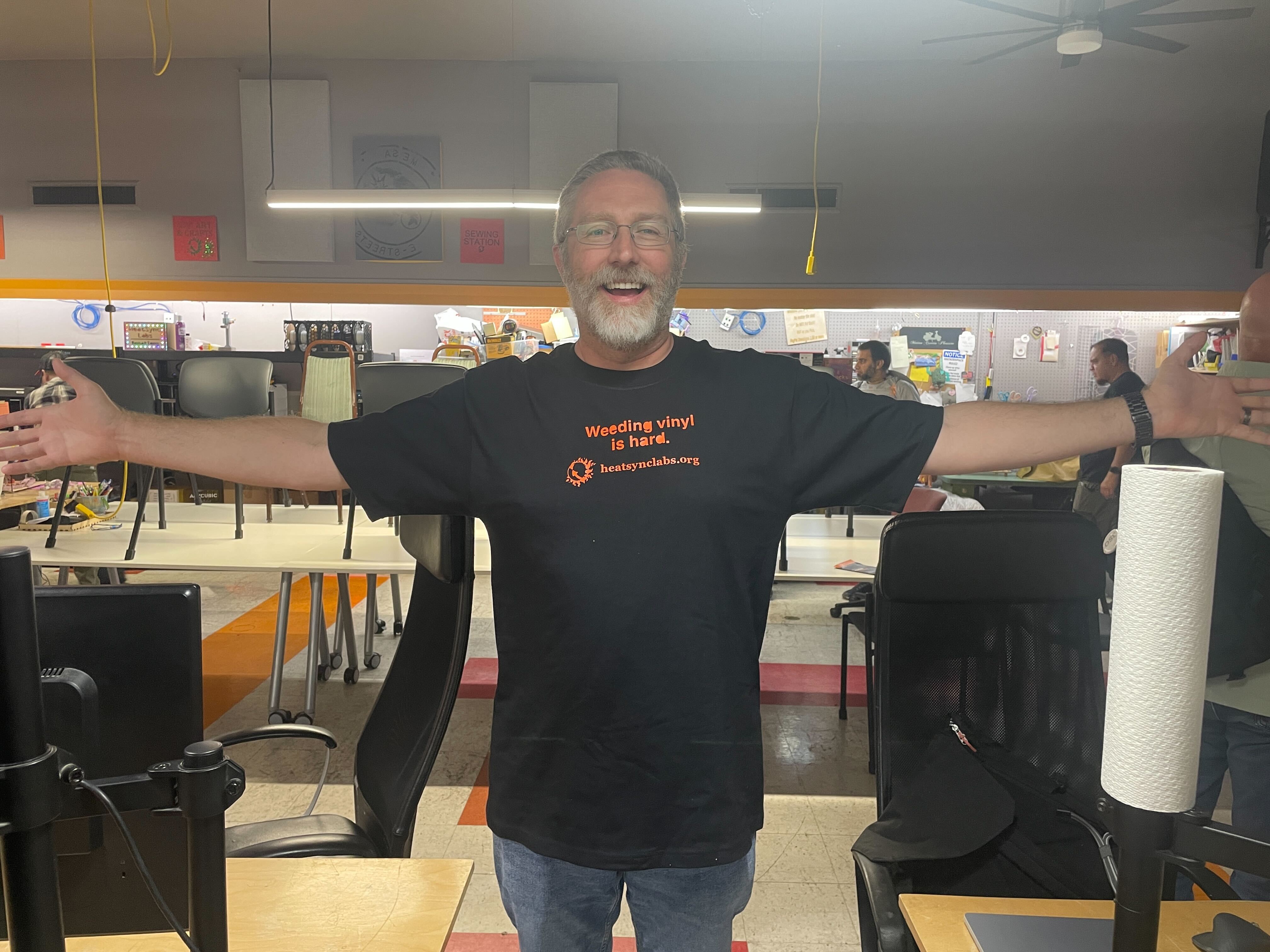 Weeding vinyl is hard tee, modeled with appropriate enthusiasm