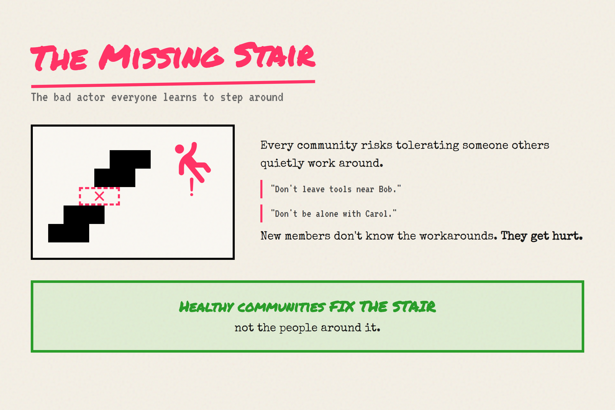 The Missing Stair: a stair-shaped diagram with one stair missing and a falling figure